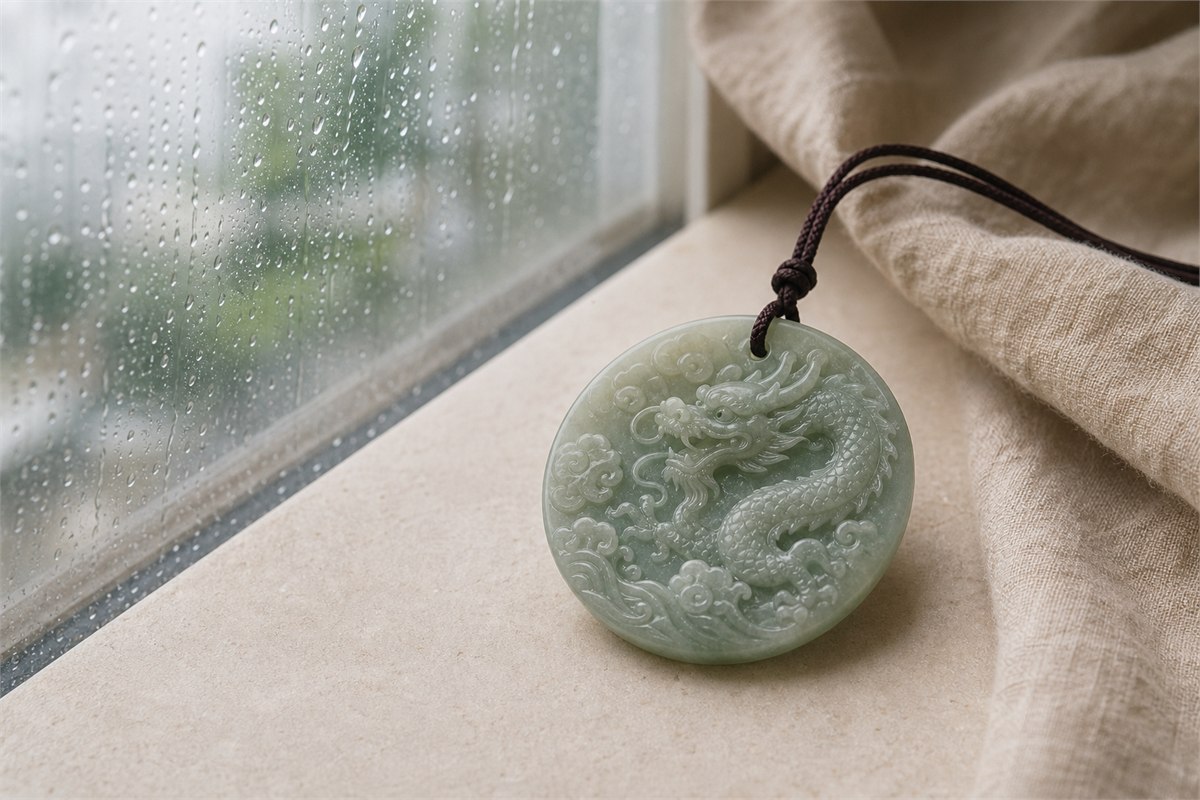 Green jadeite dragon pendant with cloud and wave carving beside a rainy window