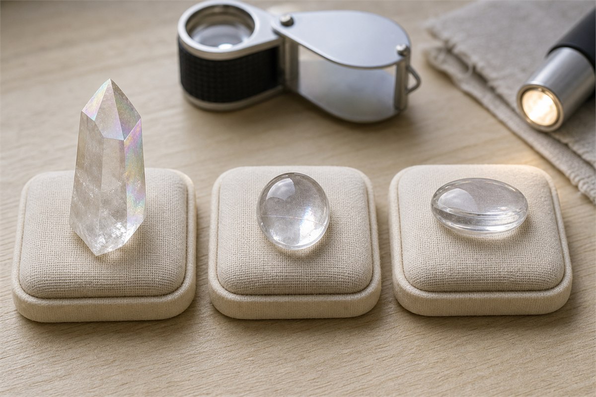 Coated quartz point, fracture-filled cabochon, and assembled doublet on separate gemological pads