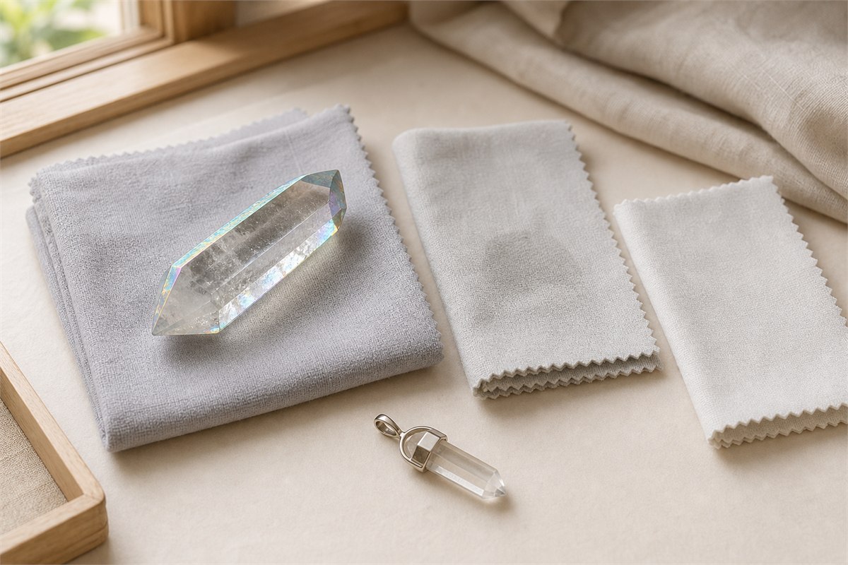 Iridescent surface-coated quartz point and assembled pendant resting beside lightly damp and dry lint-free cloths