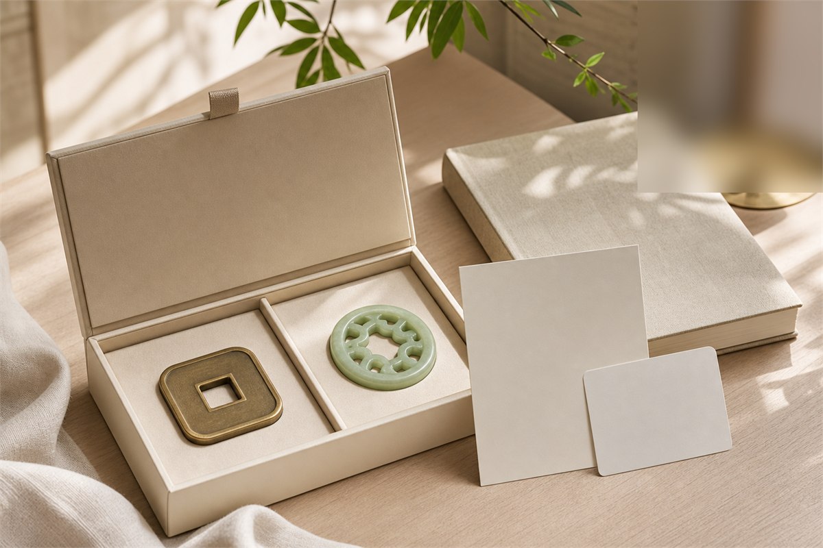Modern brass-toned and jade-toned coin motifs in an ivory gift box with blank documentation cards