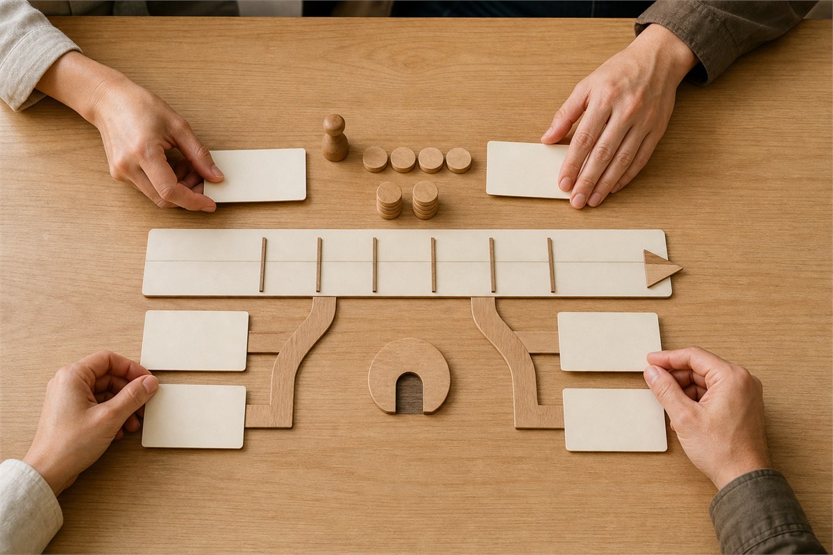 Hands arranging blank role cards, budget tokens, and a simple project timeline
