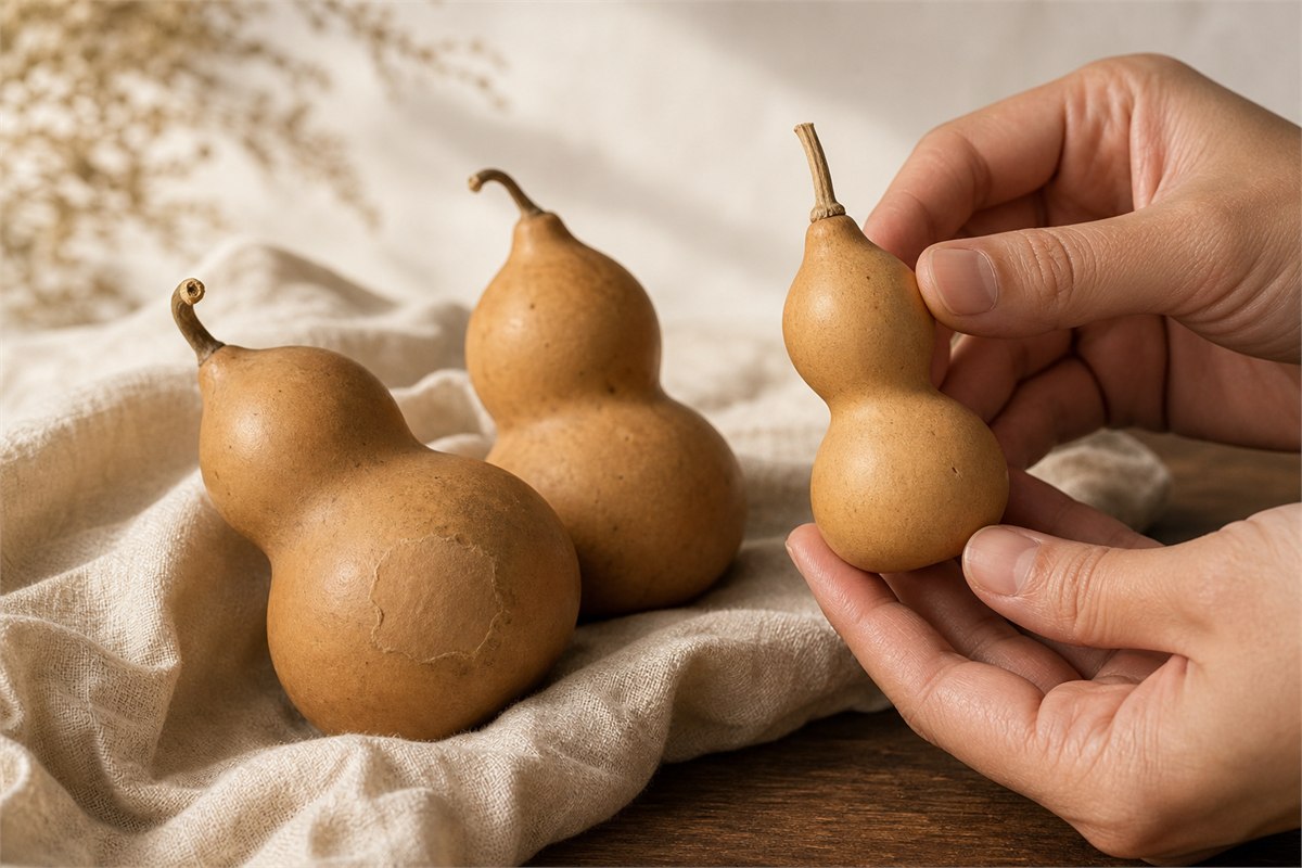 Small dried double-lobed gourd held between clean hands beside larger gourds with asymmetry and a repaired patch