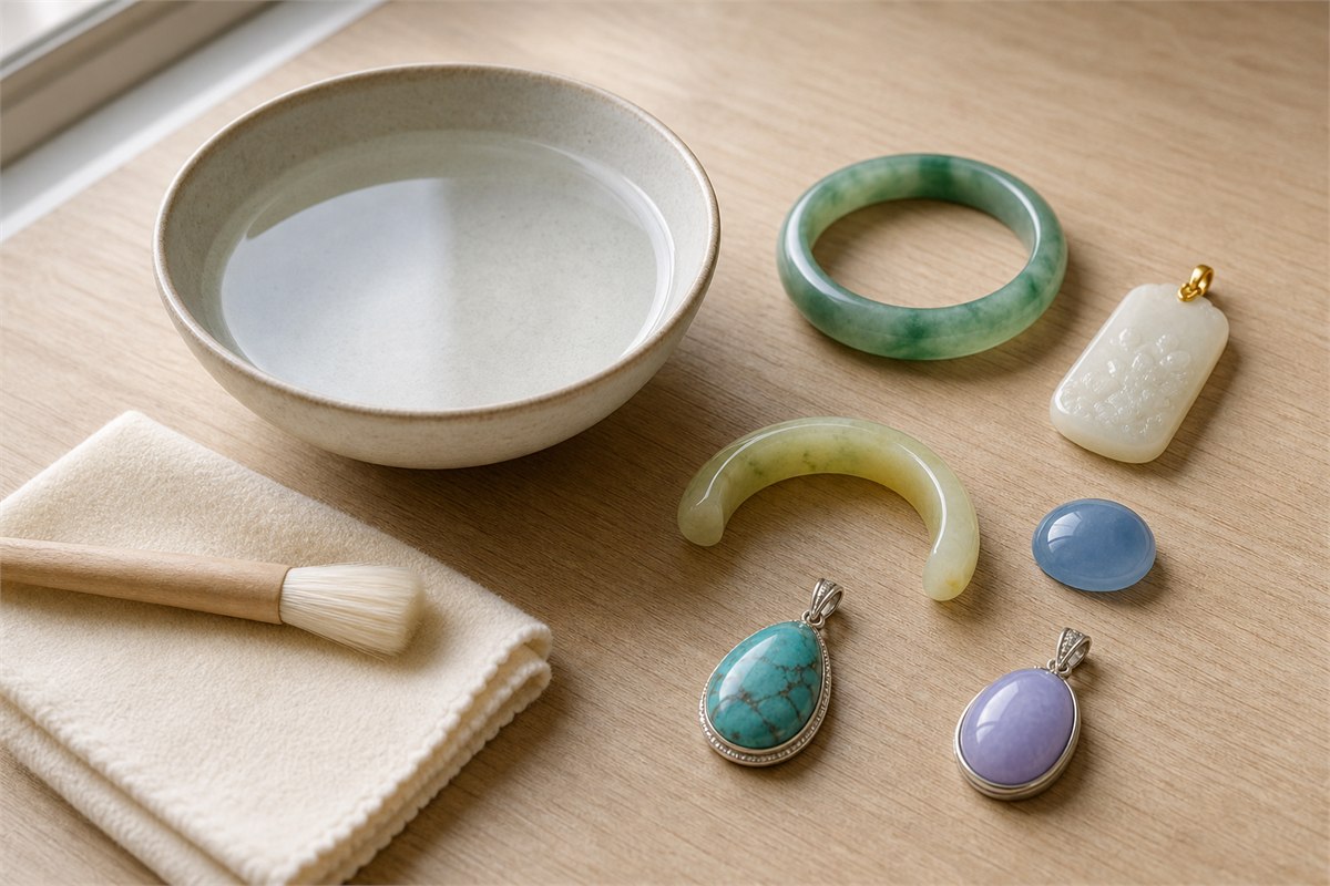 Bowl of water, soft cloth, soft brush, jadeite bangle, nephrite pendant, Xiuyan-style segment, chalcedony, turquoise, and mounted lavender jade