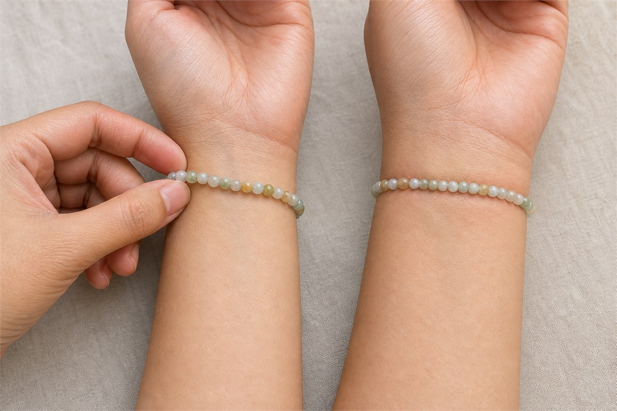 Two adult wrists comparing a movable small bead bracelet with a close pressing fit