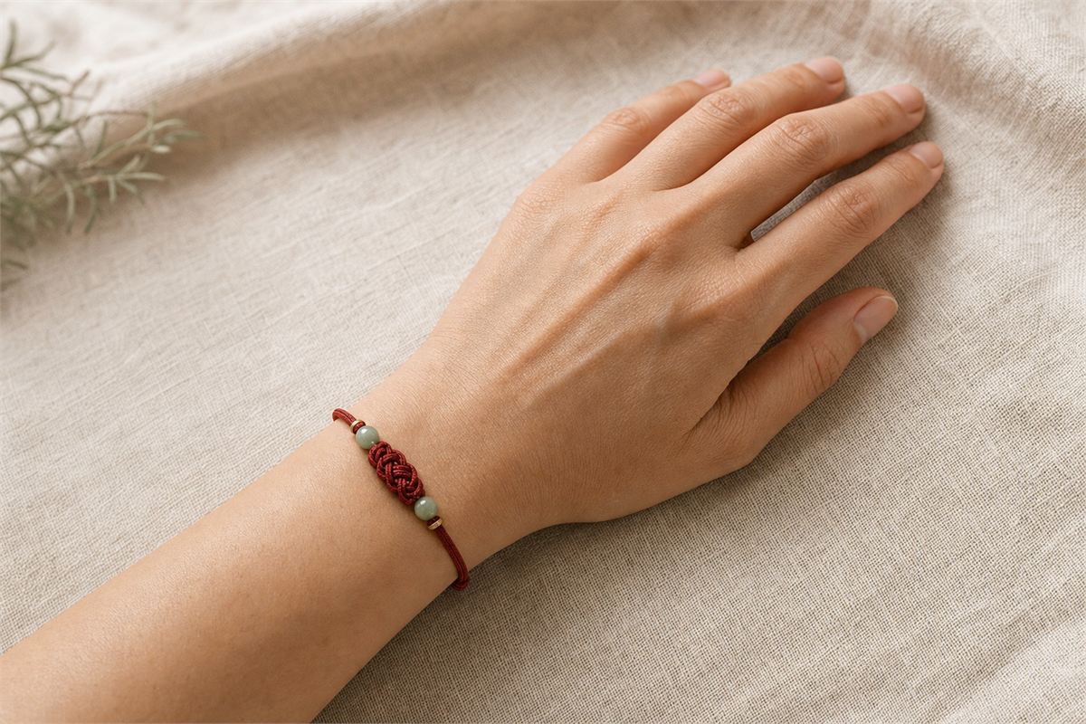 Left wrist wearing an adjustable red woven bracelet with comfortable space and short cord ends