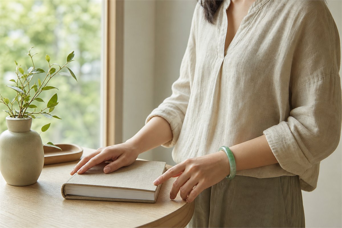 Adult wearing a green jade bangle with comfortable wrist room beside a linen-covered notebook