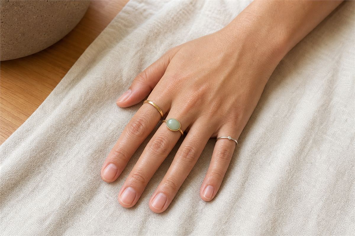 A relaxed five-finger hand wearing gold, pale jade, and silver rings comfortably