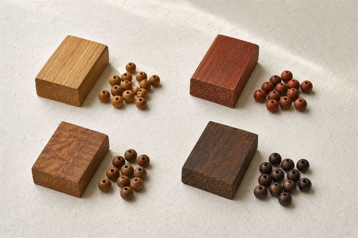 Four separate wood samples with matching beads in different brown colors and grain structures