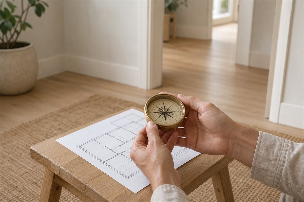 Hands holding a compass over a floor plan in an open hallway away from large metal objects