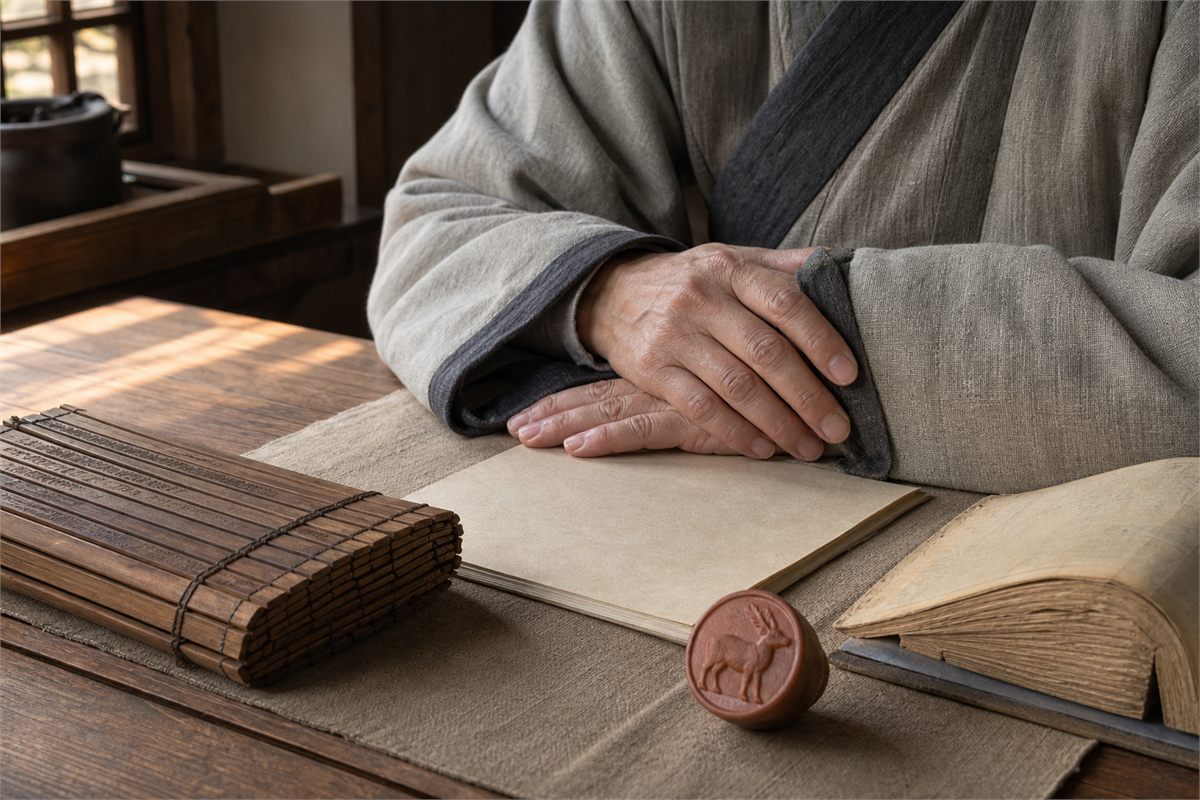 Scholar studying blank pages and bundled bamboo slips beside a small animal seal