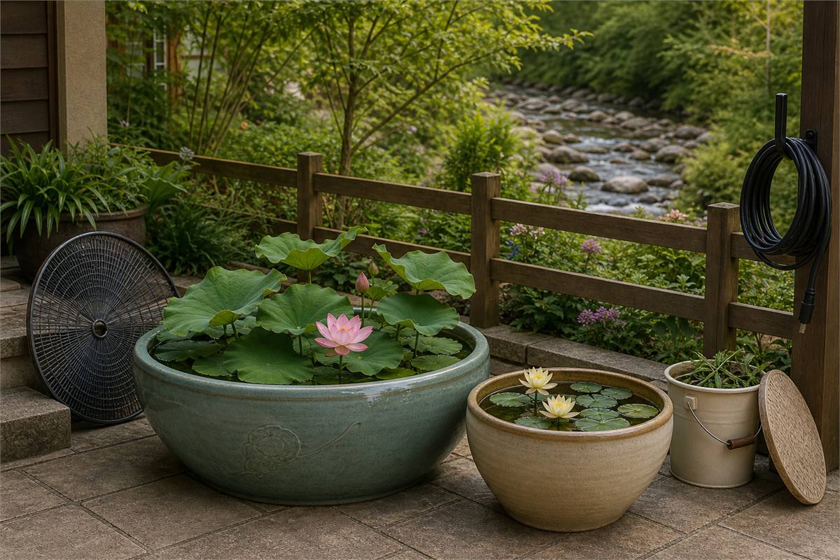 Stable lotus and water-lily containers behind a low fence with trimmings bucket and unplugged outdoor cable away from a stream