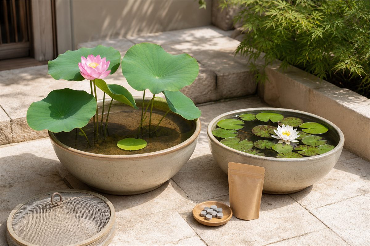 Stable lotus and water-lily tubs on stone paving with aquatic fertilizer tablets kept outside the water