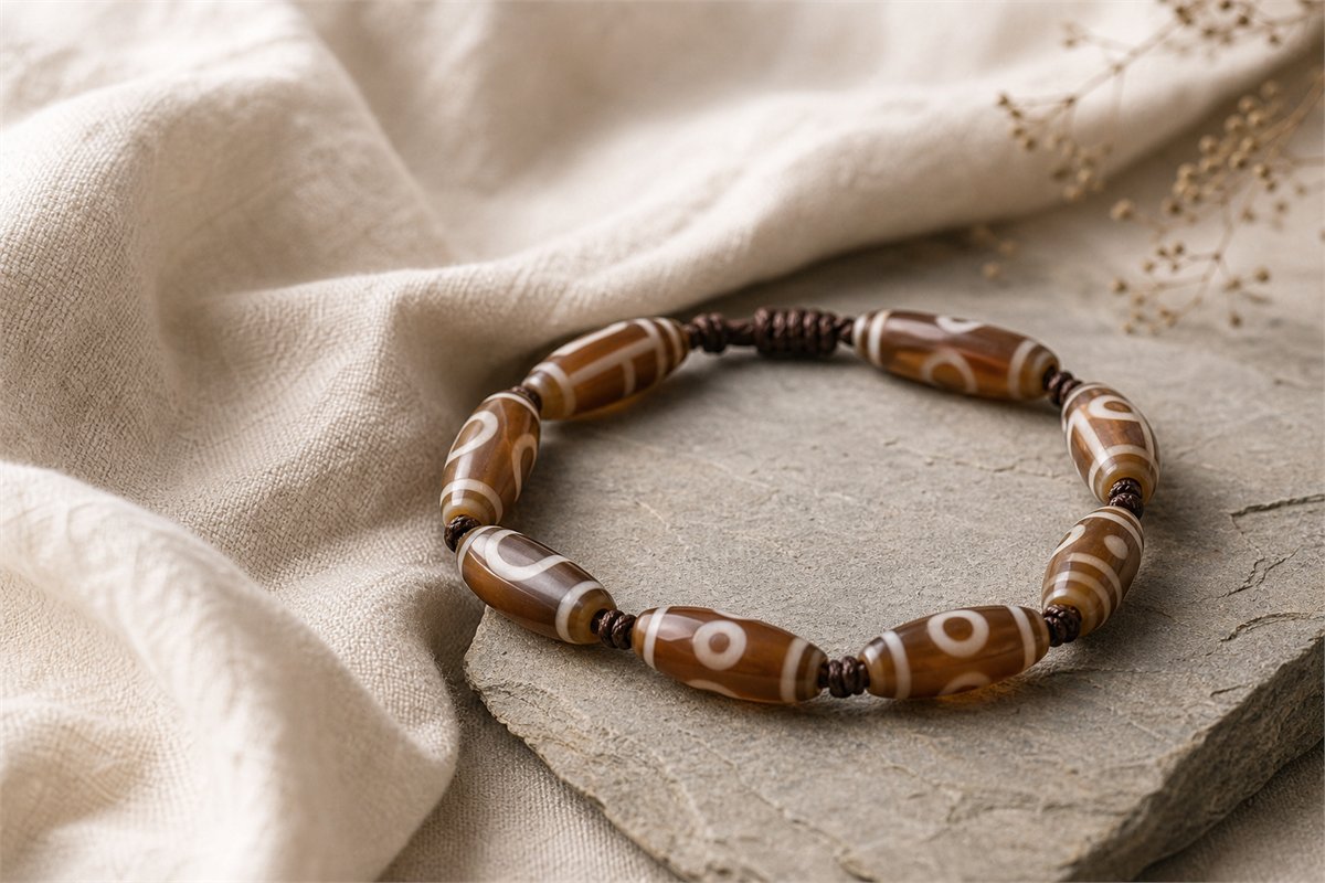 Polished brown and cream contemporary etched agate beads threaded as a wrist bracelet