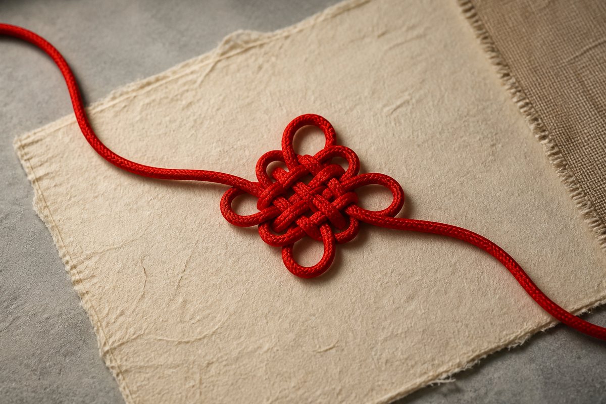 One continuous red cord forming a symmetrical knot on handmade paper