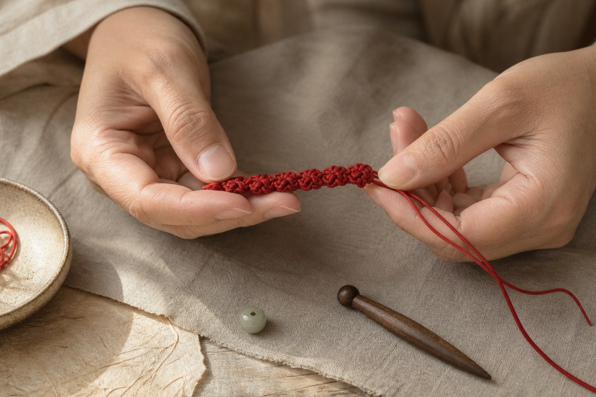 Hands shaping repeated red cord knots for a bracelet on linen