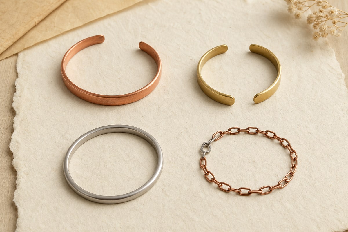 Red copper cuff, yellow brass cuff, gray cupronickel bangle, and copper plated link bracelet