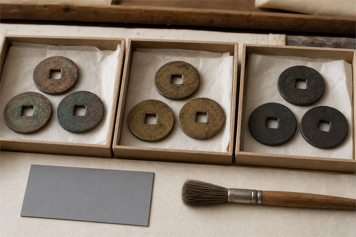 Blank square-holed study forms in bronze-like, brass-like, and iron-like material groups