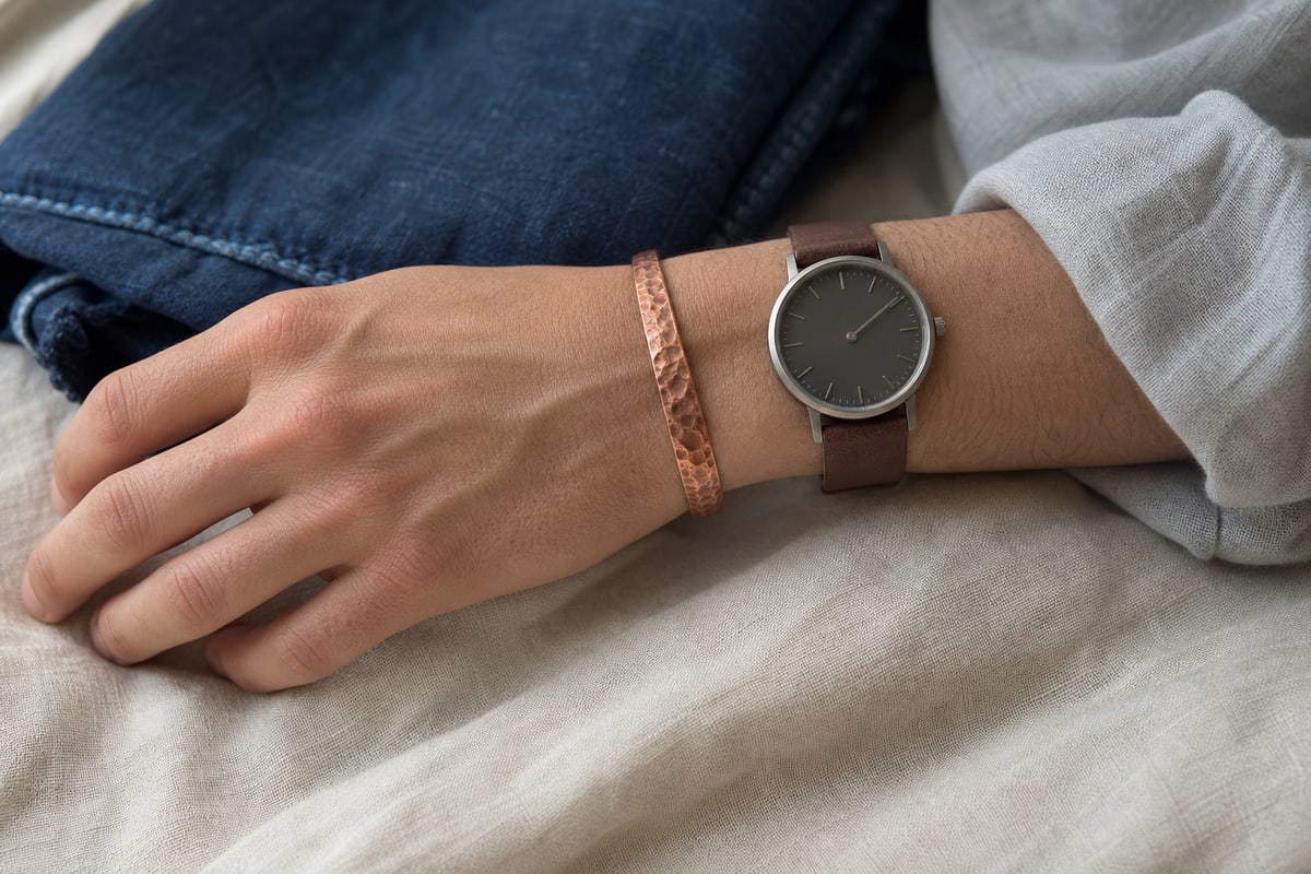 Hammered copper cuff worn with a separated leather strap watch beside indigo and cream fabric