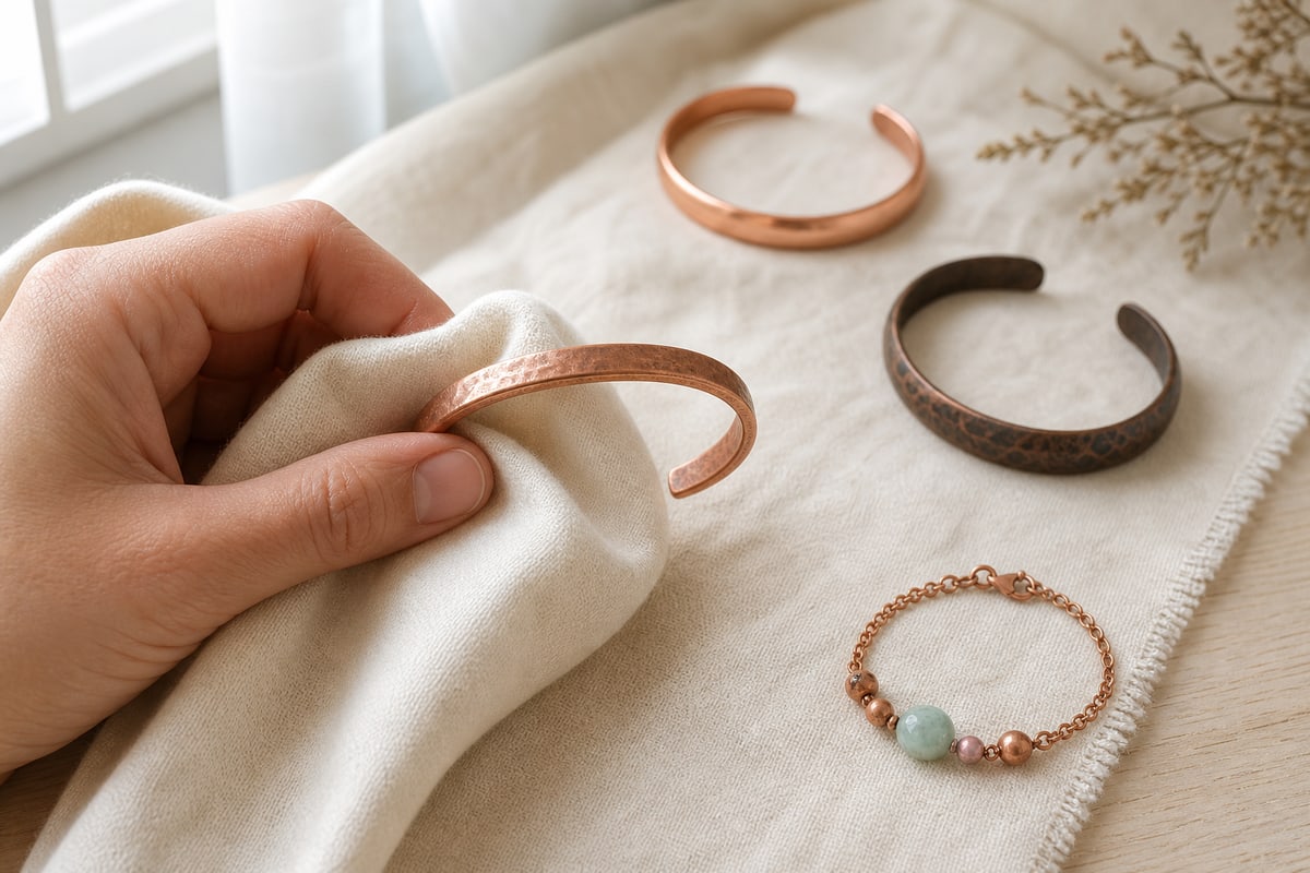 Hand wiping a bare copper cuff with a dry ivory cloth beside separate finished bracelets