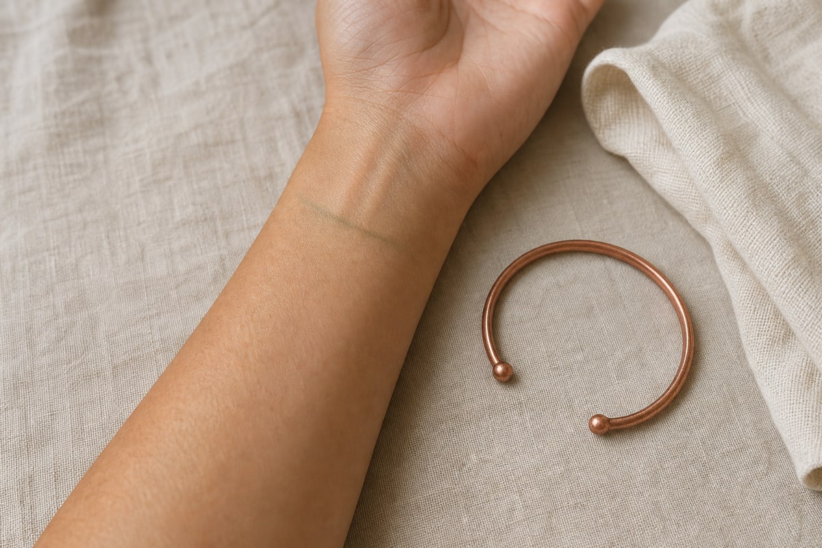 Calm wrist with a faint green gray trace beside an open copper cuff and soft ivory cloth