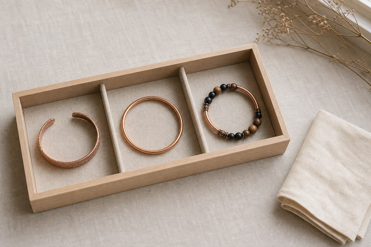 Three dry copper bracelets stored in separate fabric lined compartments beside a folded cloth