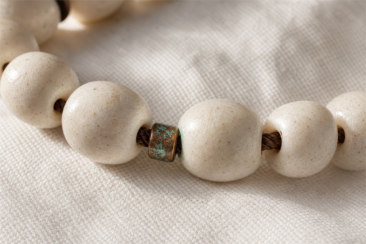 Blue-green corrosion on a copper spacer transferring to the adjacent pale Bodhi bead hole