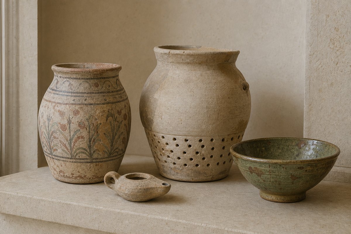 Late Antique jar, Islamic filtered water jar, glazed bowl, and lamp displayed together