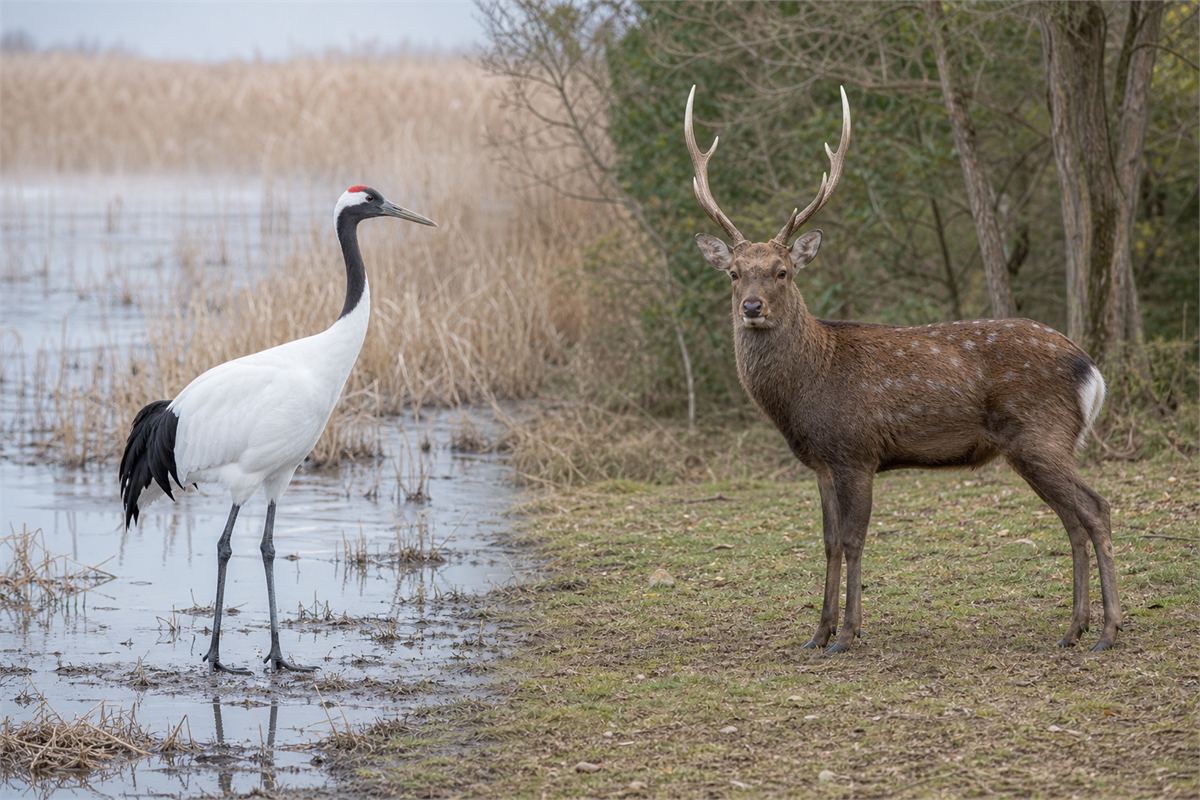 Full-body red-crowned crane beside a separate adult male sika deer at a wetland and woodland edge