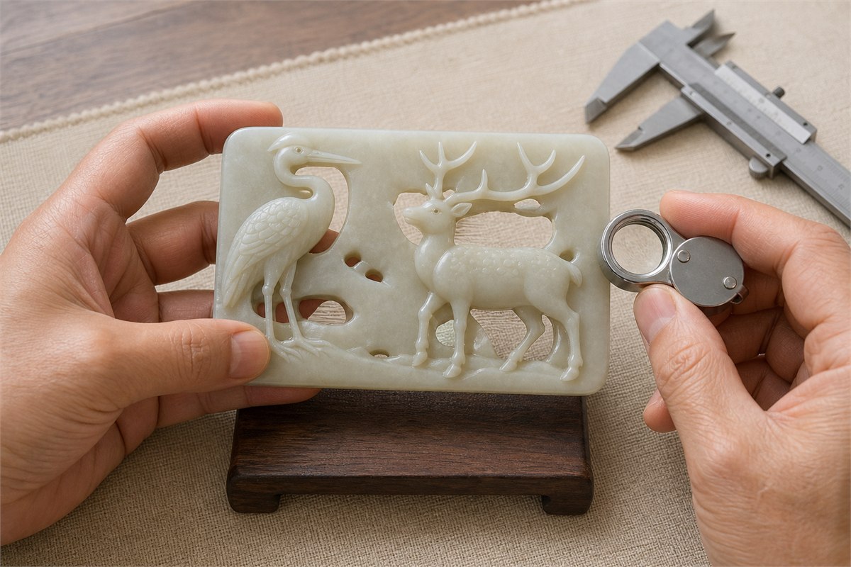 Hands inspecting a creamy nephrite plaque with one crane and one antlered deer using a loupe