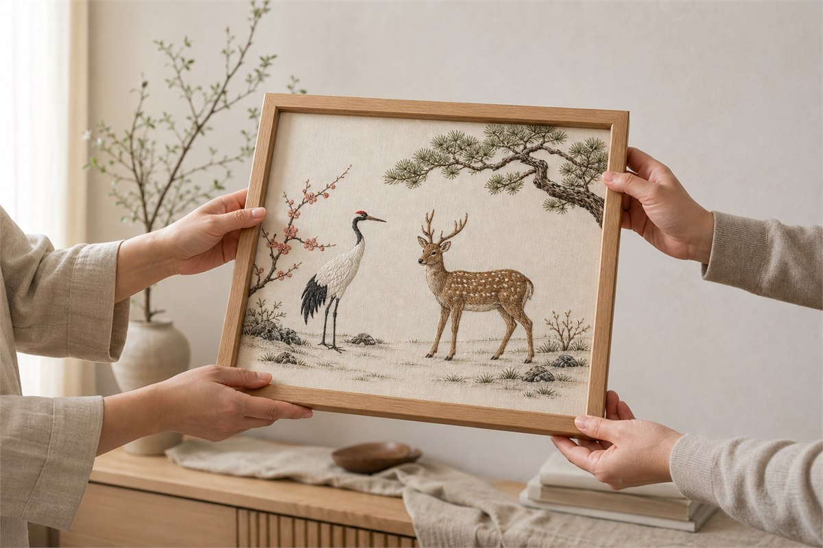 Hands presenting a light-wood framed silk embroidery of one crane and one antlered deer