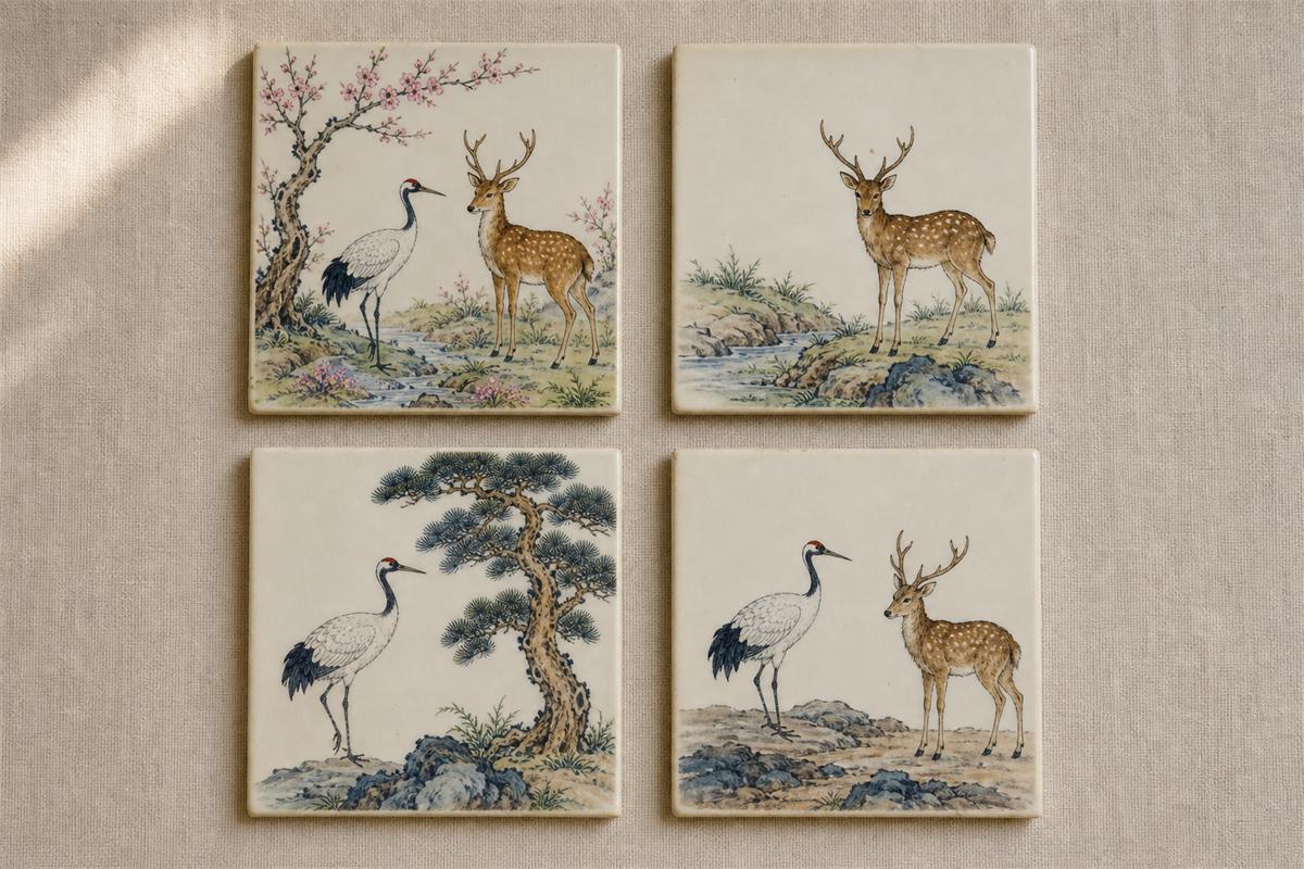 Four ceramic tiles showing crane with deer in spring, deer alone, crane with pine, and crane with deer in a rocky scene