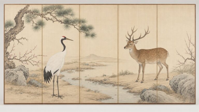 Painted silk panel with one red-crowned crane and one antlered sika deer in a sparse spring landscape