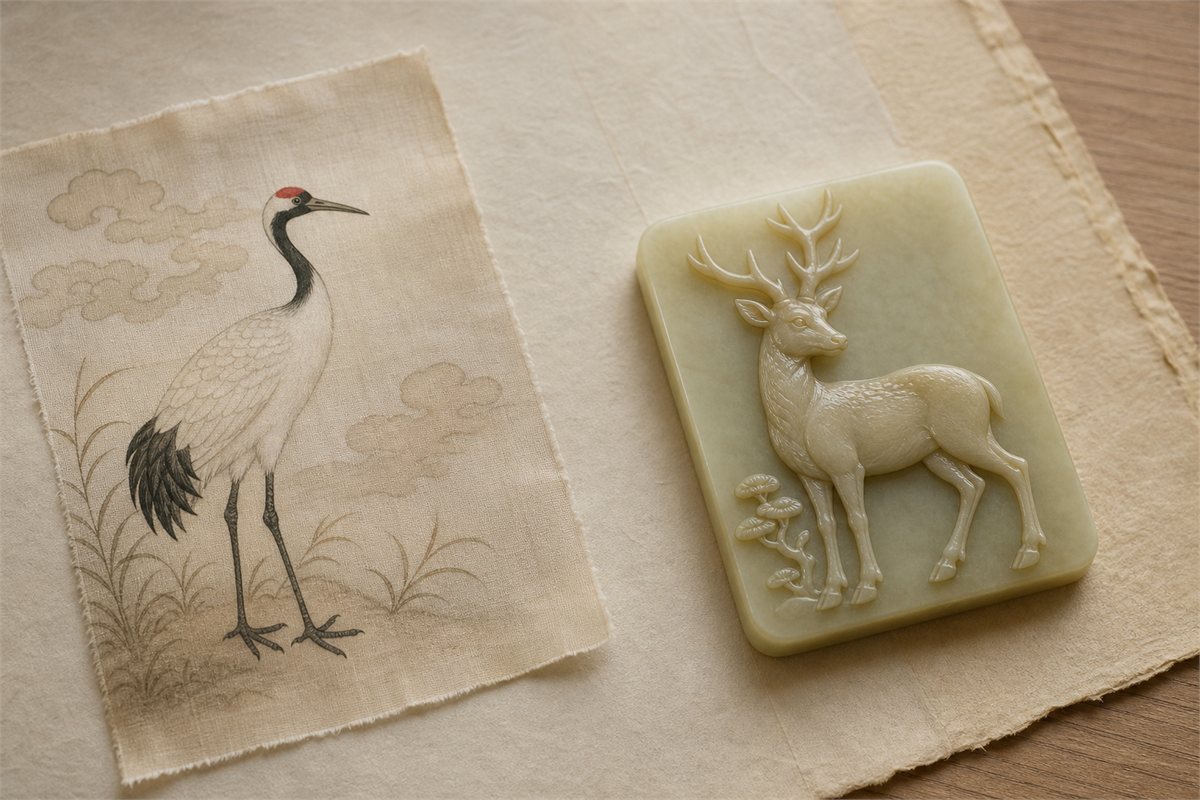 Single crane painting fragment beside a creamy jade relief plaque of one antlered deer
