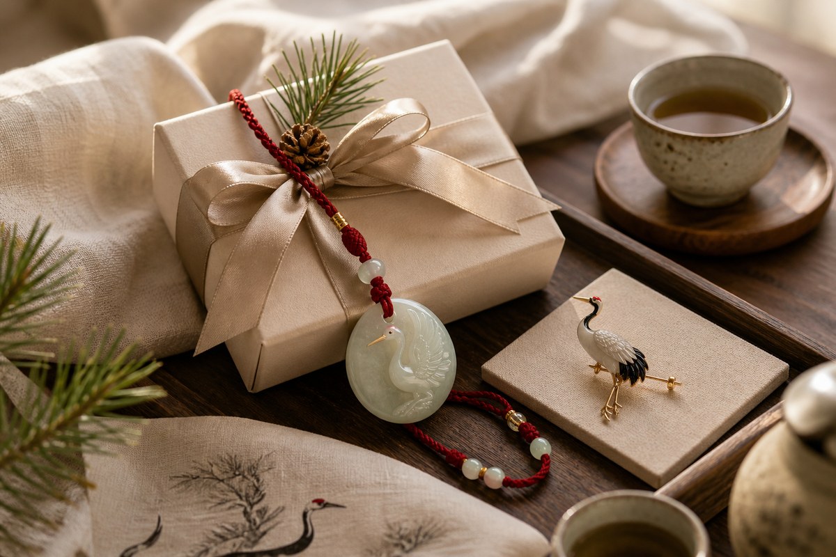 Crane-themed jade pendant gift set with pine, red cord, jewelry box, and tea table