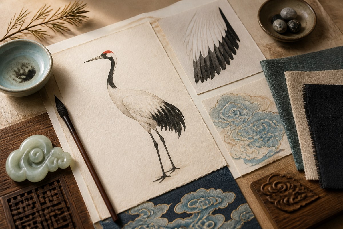 Crane silhouette design study with red crown, white feather, long neck, long legs, and cloud pattern