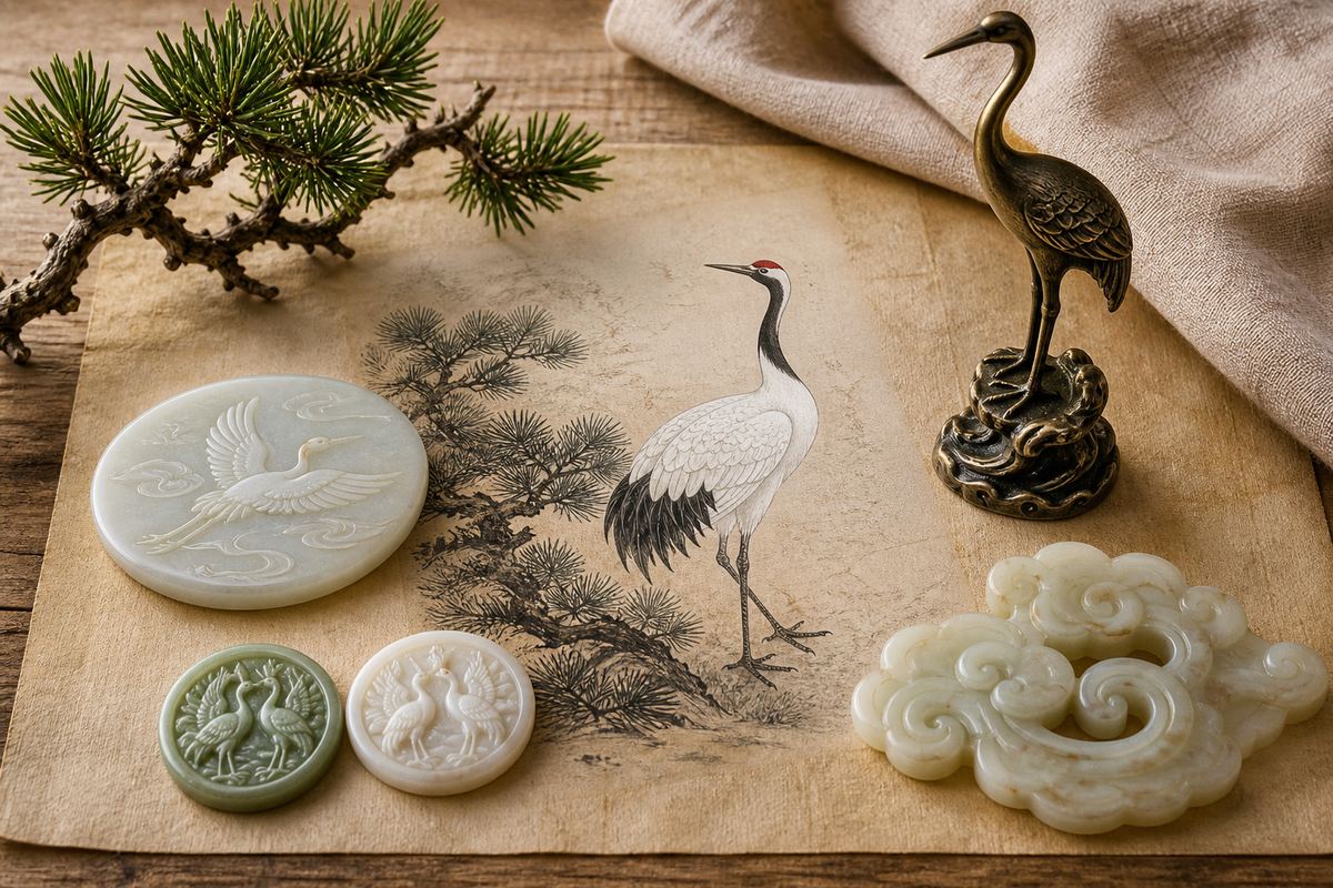 Crane symbolism still life with pine, court-inspired bronze crane, paired crane tokens, and cloud motif