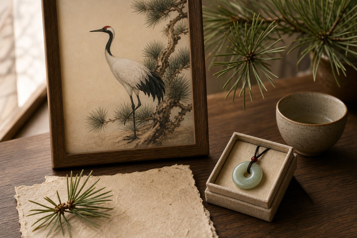Red-crowned crane motif with jade and pine, introducing crane symbolism in Eastern culture