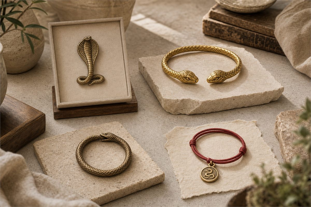 Separate cobra, Greek snake bracelet, ouroboros, and red-cord snake charm studies on an archival table