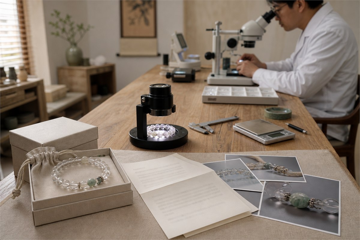 Crystal sample moving from seller documentation and loupe observation toward professional gem-testing instruments