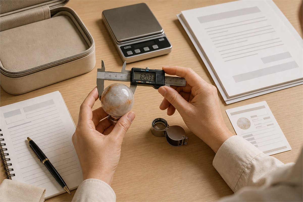 Crystal sphere with calipers, digital scale, neutral-light photographs, material report, and return paperwork