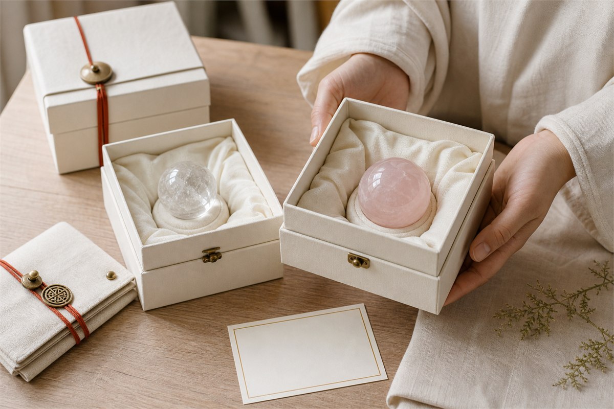 Small mineral sphere in a padded paper gift box with stable ring stand and safety care card