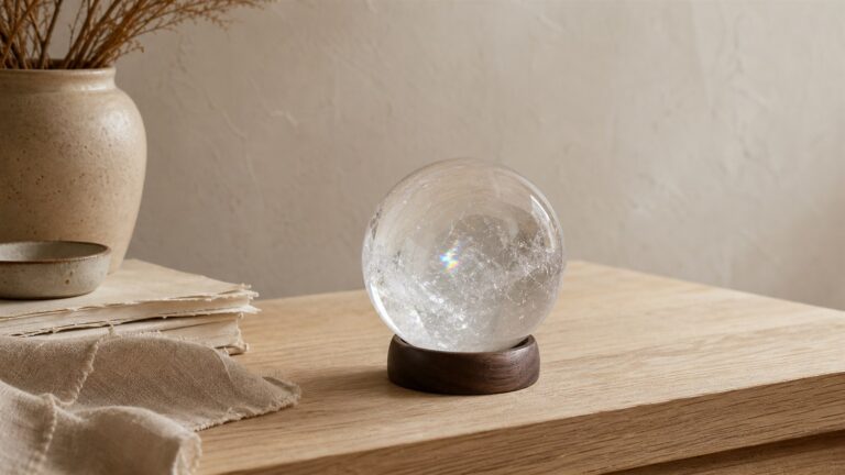 Natural clear quartz sphere on a stable wooden ring stand in a softly lit neutral interior