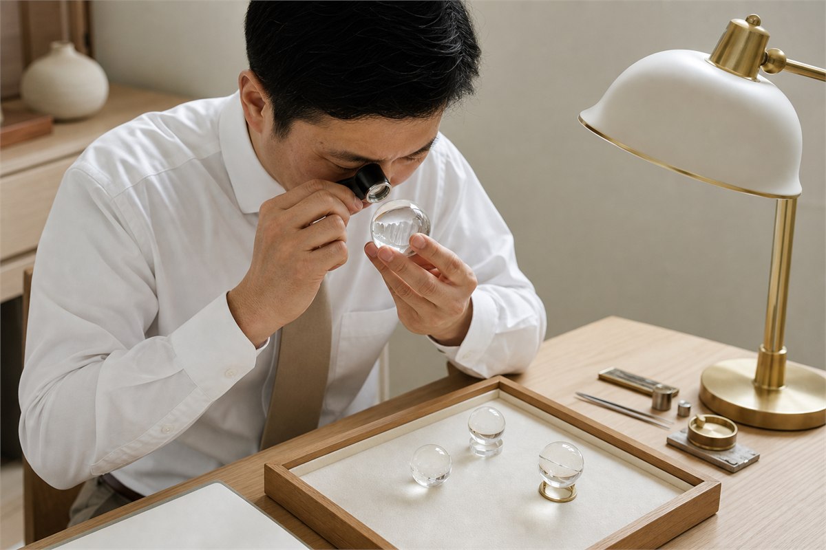 Gemologist examining a sphere under magnification for inclusions, flow lines, joins, coatings, and surface condition