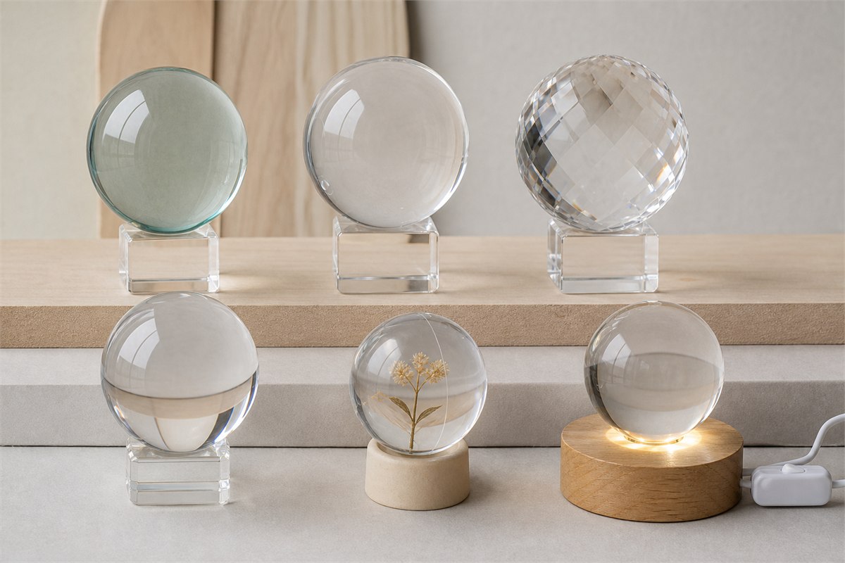 Ordinary glass, optical glass, lead crystal glass, resin, fused silica, and an LED decorative sphere shown as distinct manufactured objects