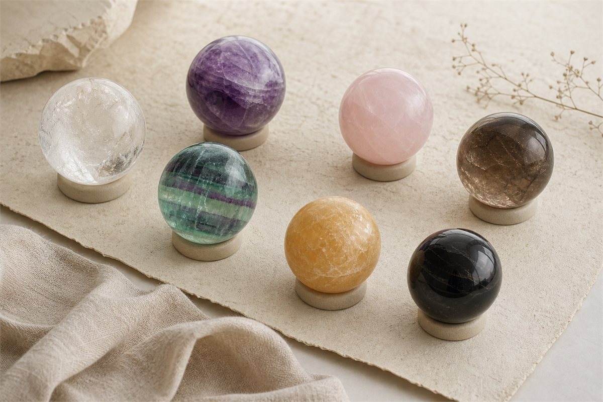 Clear quartz, amethyst, rose quartz, smoky quartz, fluorite, calcite, and black obsidian spheres with distinct natural textures