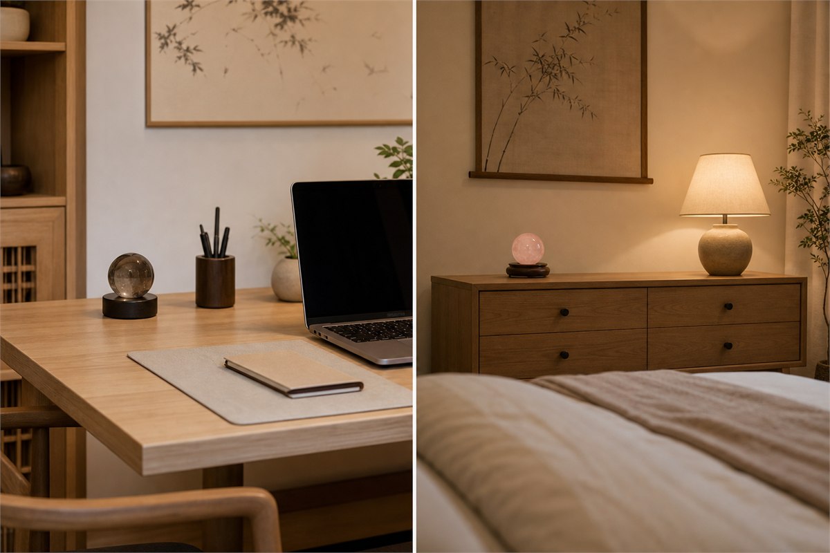 Smoky quartz sphere at the back of an office desk and rose quartz sphere on a low bedroom dresser