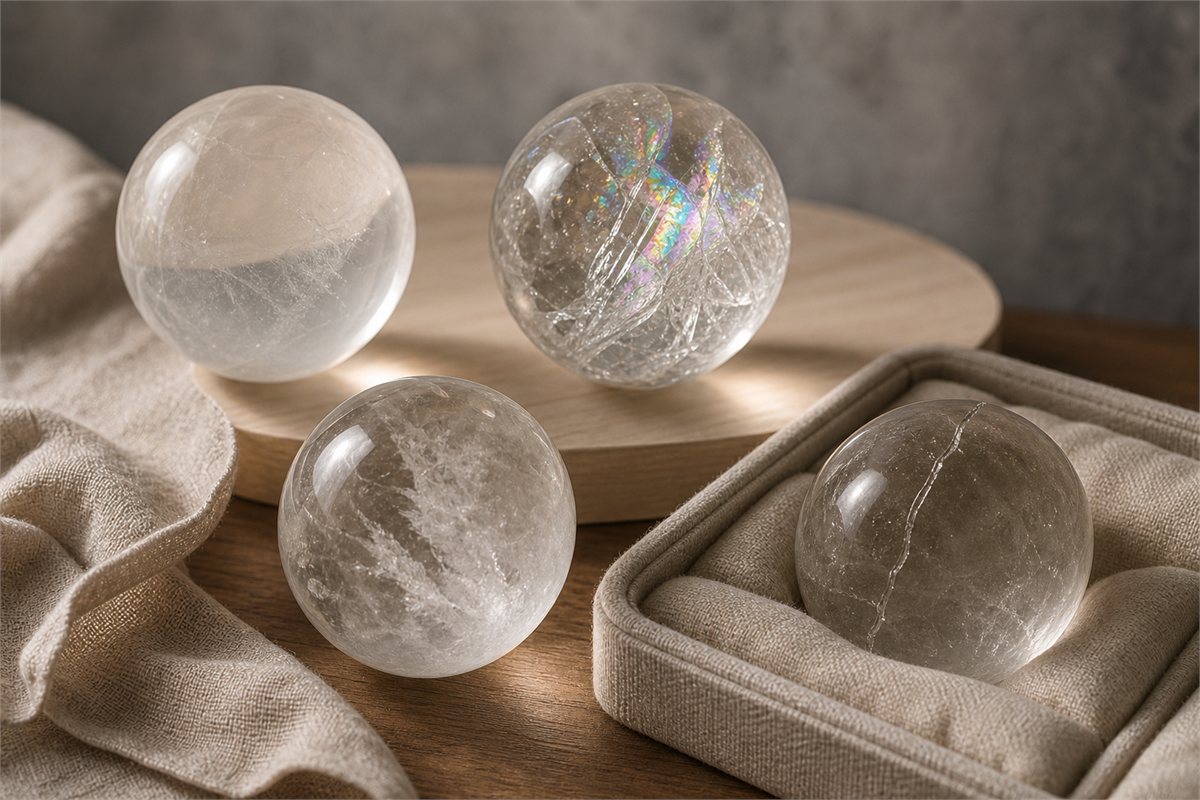 Polished natural quartz spheres showing clear body, veils, rainbow fracture, mineral inclusion, and surface polish differences