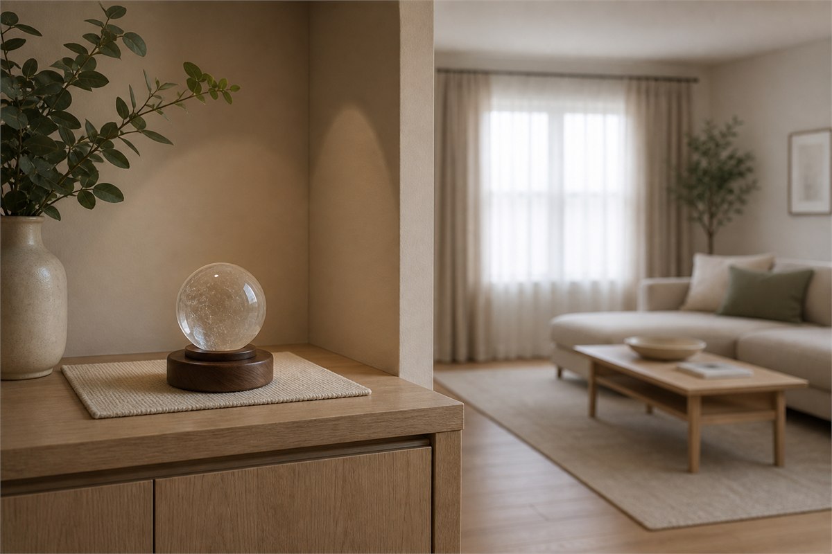 Quartz sphere on a deep wooden ring stand and non-slip mat in a shaded living room alcove
