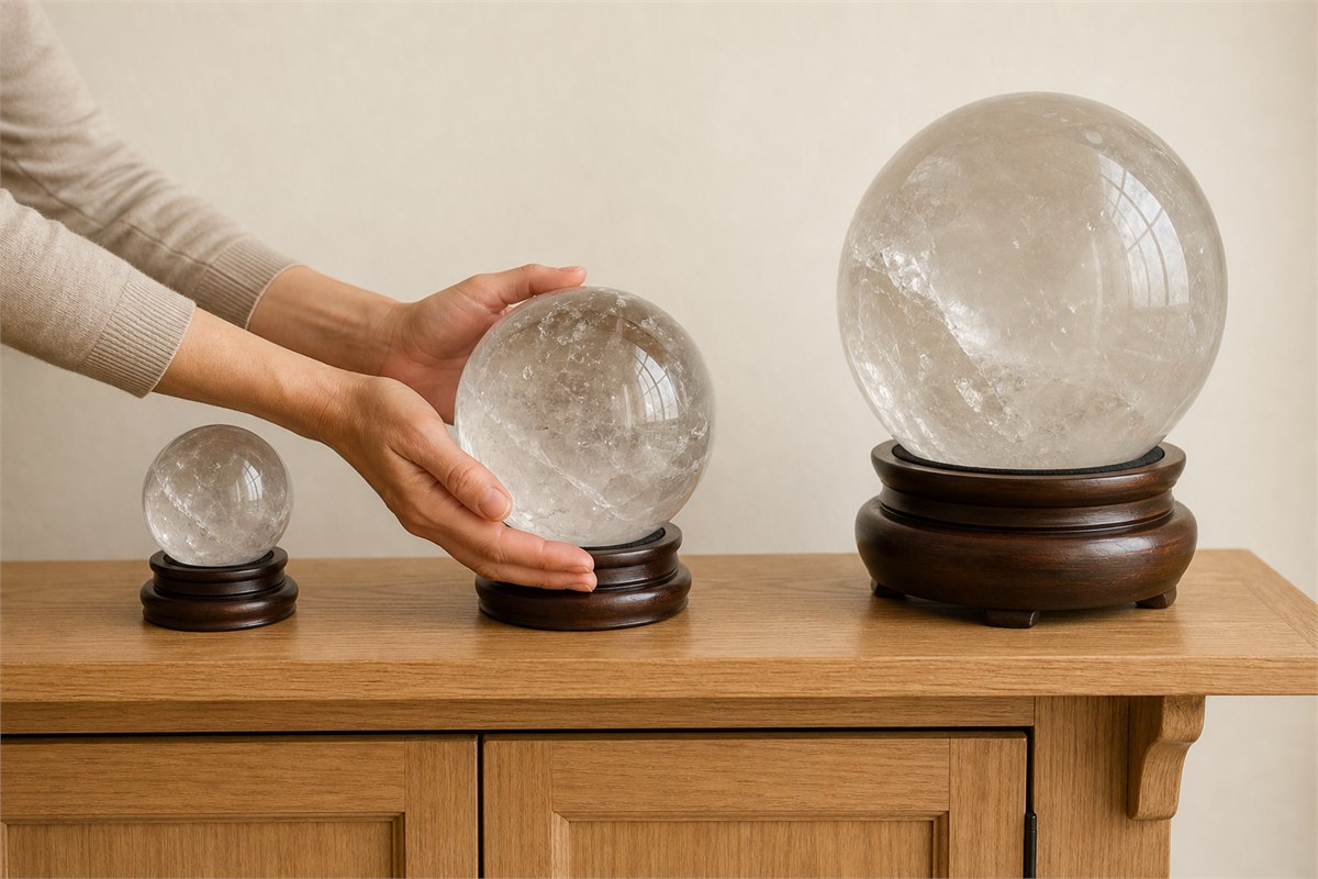 Small, medium, and large quartz spheres on proportionately sized ring stands beside neutral household scale references