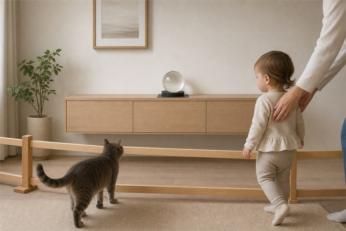 Heavy sphere centered on a deep cabinet stand beyond a low barrier while an adult guides a child and cat away